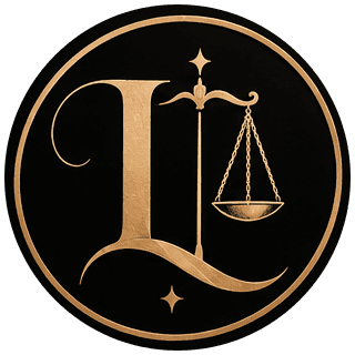 Liberty Scoping monogram: a gold letter L with balanced scales inside a circle