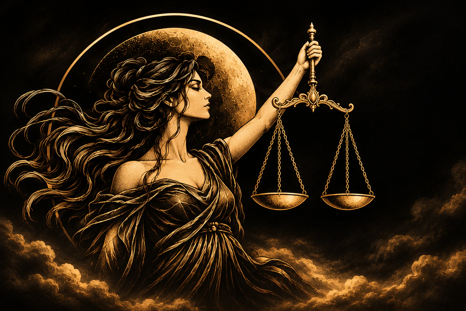 Engraved illustration of Lady Justice in profile, one arm raised holding ornate golden scales before a golden moon and halo